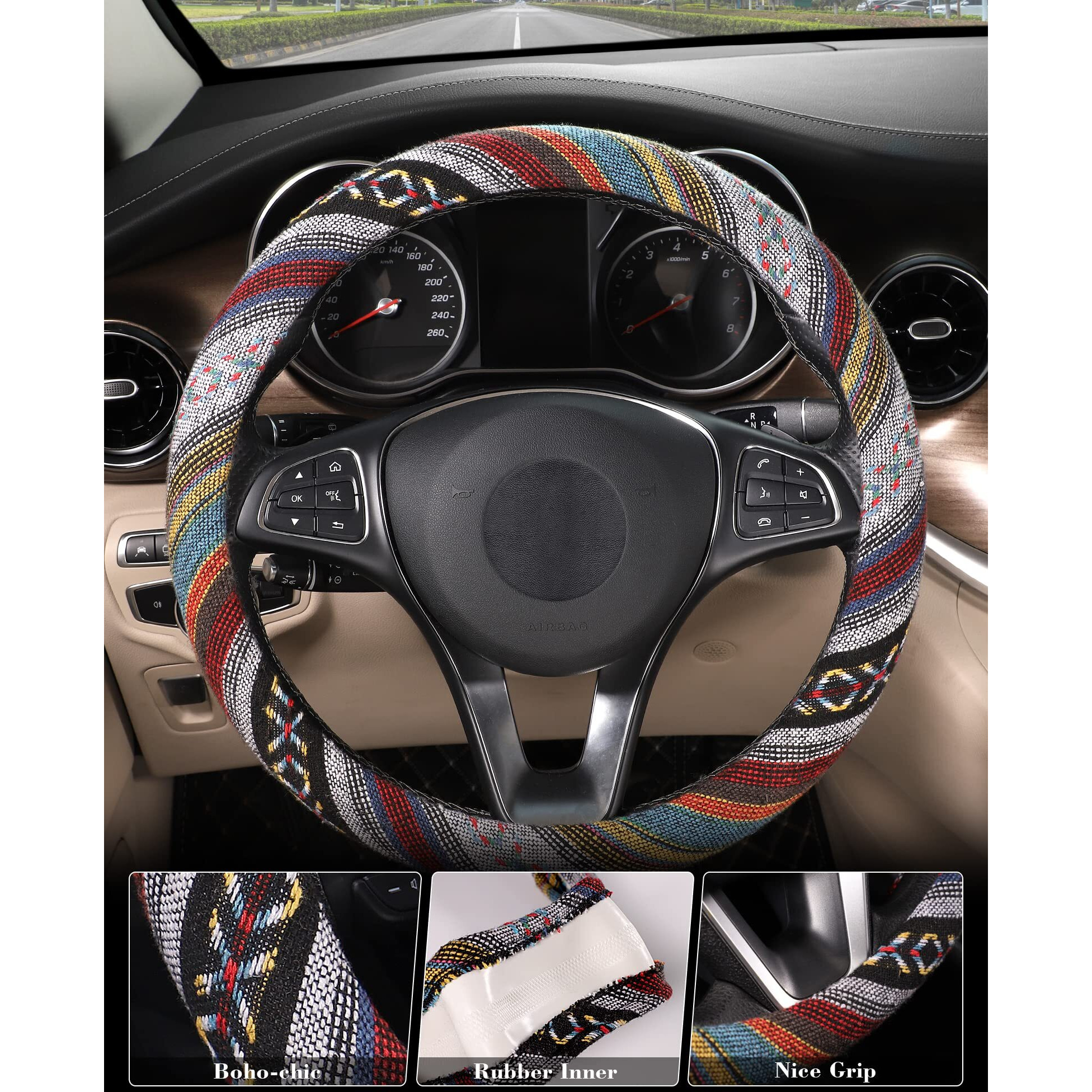 Seg Direct Boho Steering Wheel Cover With Baja Blanket Cloth  Ethnic Style Auto Wheel Cover Made Of Coarse Flax  Fits 14 1/2-15 1/4 Inches Car Wheel