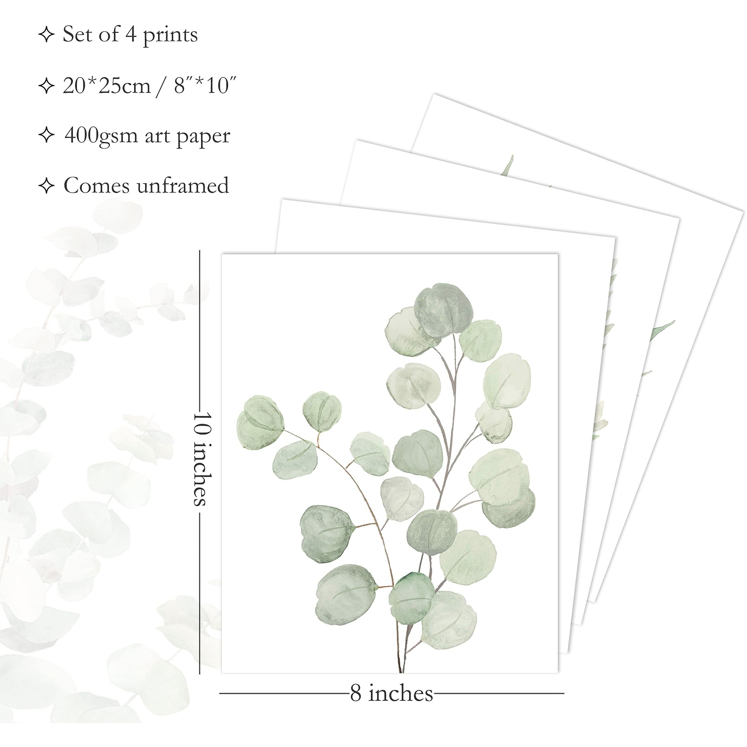 Howwii Botanical Boho Bathroom Decor Wall Art Prints  Unframed Sage Green Plants Decor For Bedroom|Office  Minimalist Eucalyptus Leaves Watercolor Art Prints  Set Of 4 Pictures  8"&quotX10"" No Frames