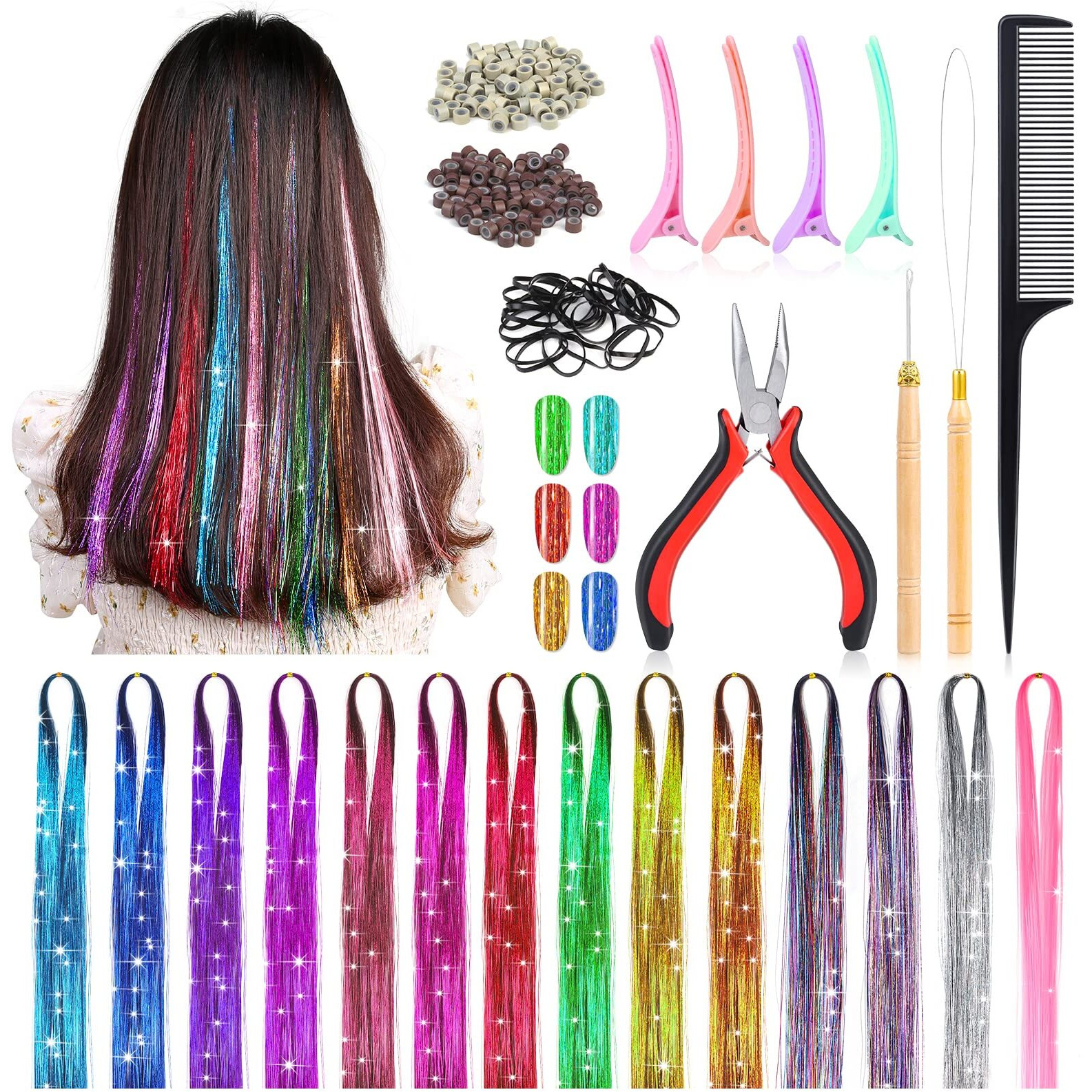 Mckanti 14 Colors Hair Tinsel Kit With Tool  47 Inch 2800 Strands Tinsel Hair Extensions For Women Girls  Fairy Hair Tinsel Glitter Sparkling Shiny Colorful Synthetic Hair For Party Daily Life Fashion