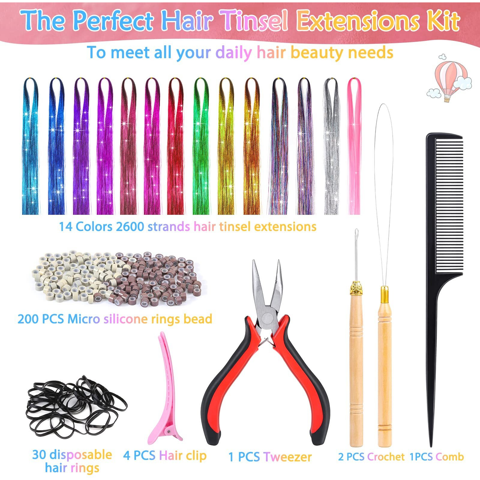 Mckanti 14 Colors Hair Tinsel Kit With Tool  47 Inch 2800 Strands Tinsel Hair Extensions For Women Girls  Fairy Hair Tinsel Glitter Sparkling Shiny Colorful Synthetic Hair For Party Daily Life Fashion