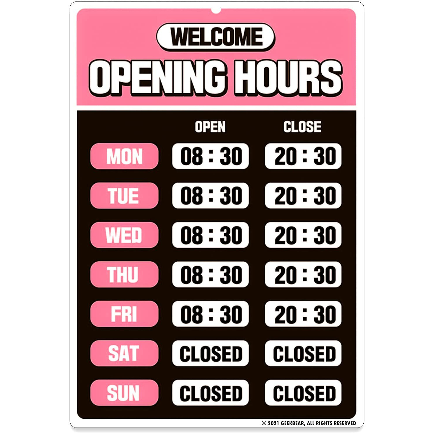 Geekbear Opening Hours Sign (03. Pink) - Business Hours Sign - Store Hours Sign - Hours Of Operation Signs For Business - Open Sign With Hours - Store Or Office Hours Sign Changeable