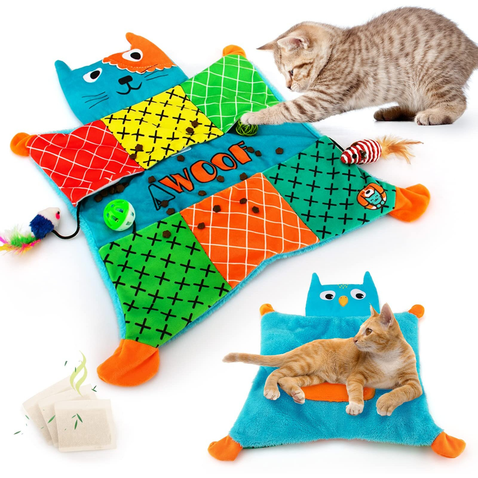 Awoof Cat Mat  Cute Soft Catnip Mat  Cat Activity Mat Machine Washable Catnip Toys Interactive Cat Toys For Indoor Cats  Self-Warming Crinkle Mat Cat Blanket For Small Medium Large Cats With 7 Pockets