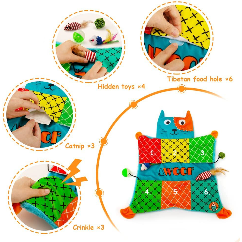 Awoof Cat Mat  Cute Soft Catnip Mat  Cat Activity Mat Machine Washable Catnip Toys Interactive Cat Toys For Indoor Cats  Self-Warming Crinkle Mat Cat Blanket For Small Medium Large Cats With 7 Pockets