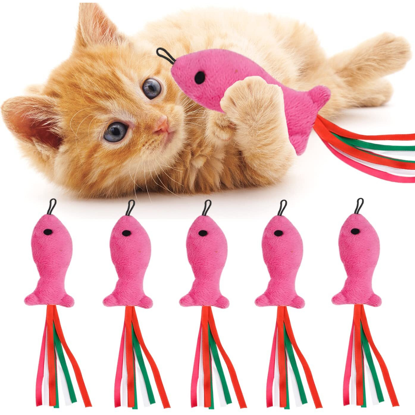 Zeyzoo 5Pcs Catnip Toy  Cat Nip Pink Fish Interactive Cat Toy  Kitten Toys Catnip Filled Plush Toys  Feather Teaser Accessories For Cat Wand Toy  Kitten Teething Chew Toys For Cats