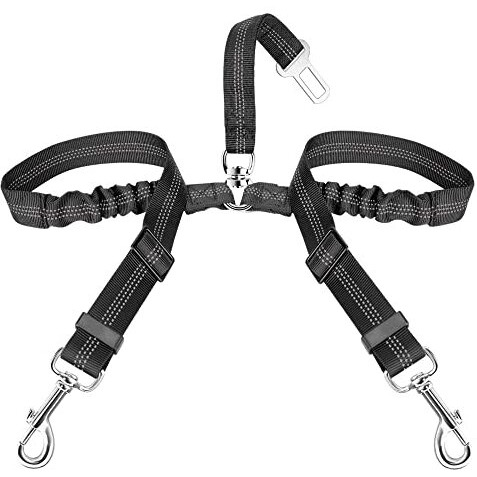Slowton Dog Seat Belt  Double Dog Seatbelt Adjustable Vehicle Safety Leash With Elastic Bungee Buffer  Reflective No Tangle Y Shape Two Dog Harness Seat Belt Splitter For Pets Car Trip (Black  S)