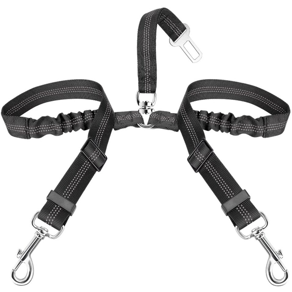 Slowton Dog Seat Belt  Double Dog Seatbelt Adjustable Vehicle Safety Leash With Elastic Bungee Buffer  Reflective No Tangle Y Shape Two Dog Harness Seat Belt Splitter For Pets Car Trip (Black  S)