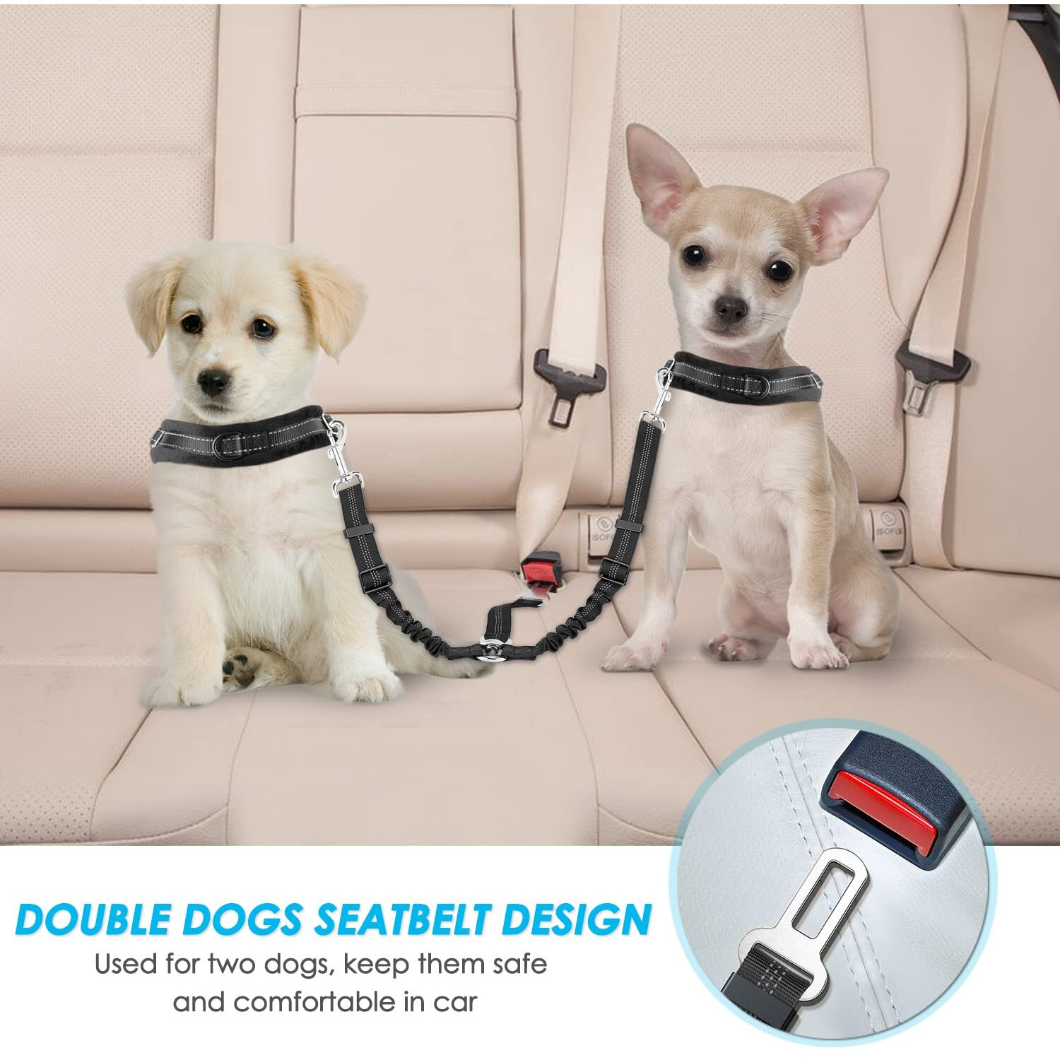 Slowton Dog Seat Belt  Double Dog Seatbelt Adjustable Vehicle Safety Leash With Elastic Bungee Buffer  Reflective No Tangle Y Shape Two Dog Harness Seat Belt Splitter For Pets Car Trip (Black  S)