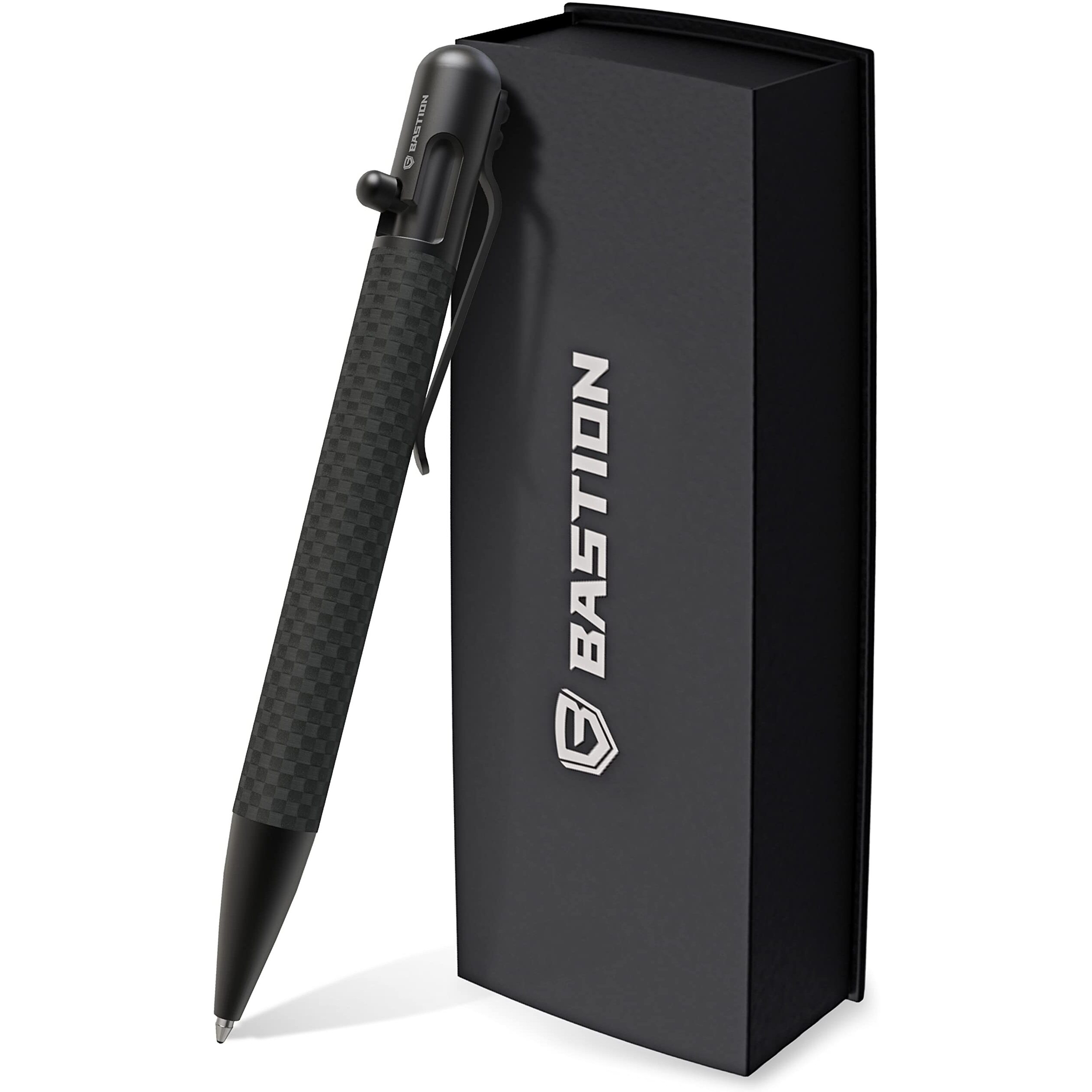Bastion Carbon Fiber Bolt Action Pen With Gift Case - Black Stainless Steel Core Executive Luxury Retractable Metal - Ink Refillable Edc Office Business Pocket Ballpoint For Men & Women