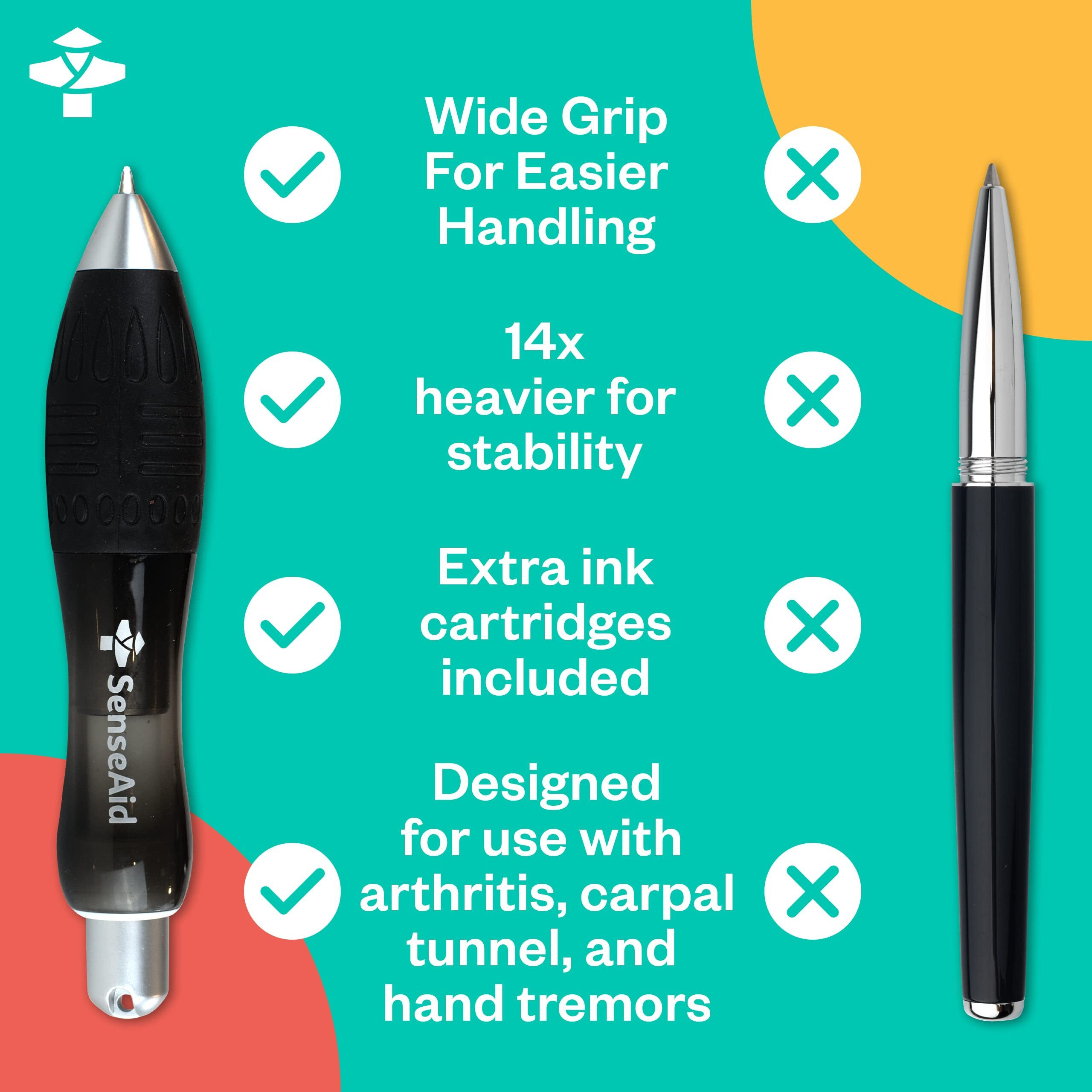 Fat Heavy Weighted Pens | Set Of Two Super Big Pens Including Two Bonus Ink Refills | Large Wide Grip Pens Aids Writing For Those With Arthritis  Parkinson's  Carpal Tunnel & Essential Hand Tremors