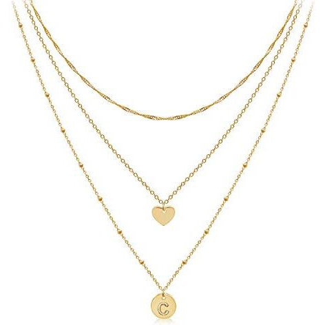 Aisansty Layered Gold Heart Initial Necklaces For Women Girls 14K Gold Plated Handmade Dainty Tiny Heart Personalized Letter Coin Pendant Adjustable Layering Chain Choker Necklaces C Necklace