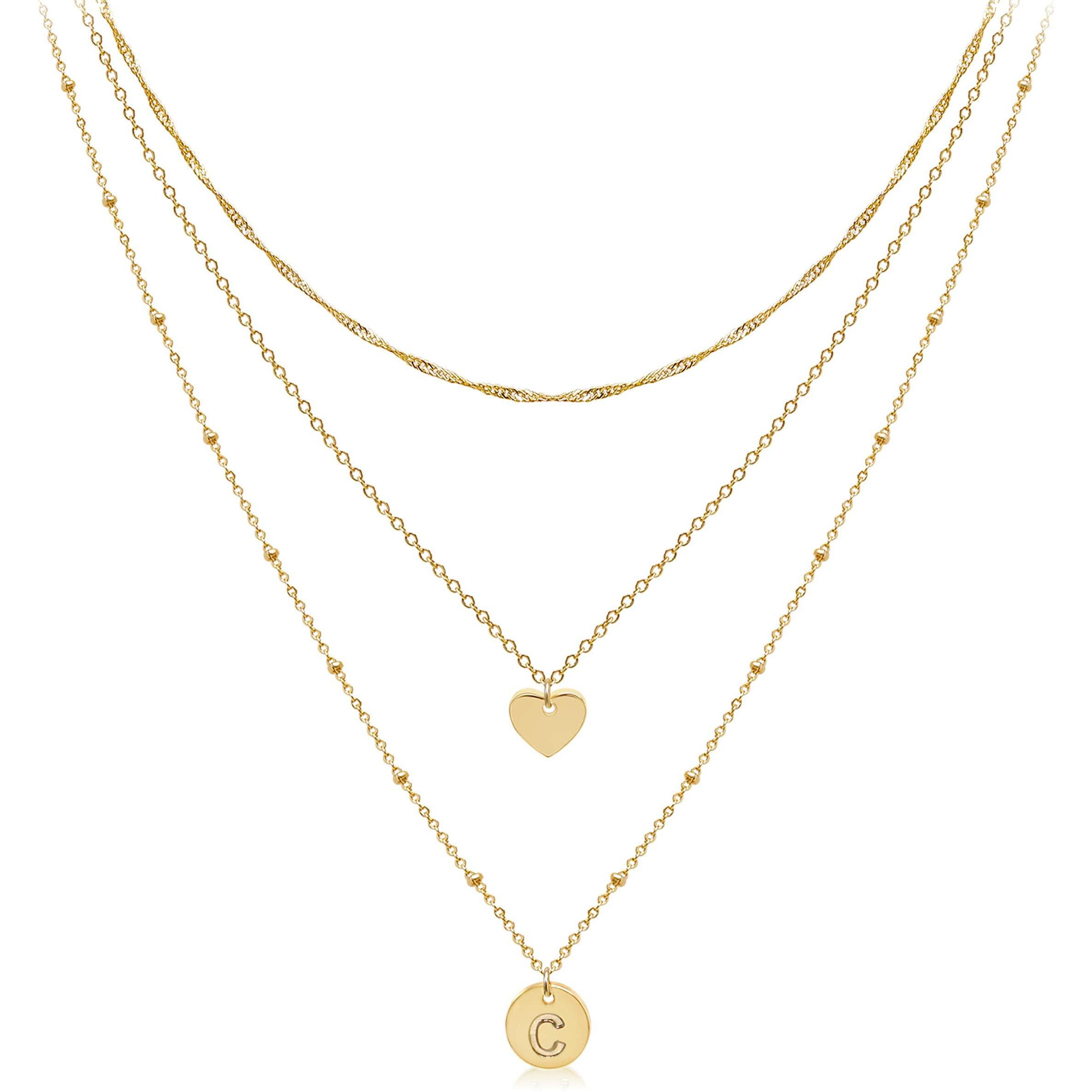 Aisansty Layered Gold Heart Initial Necklaces For Women Girls 14K Gold Plated Handmade Dainty Tiny Heart Personalized Letter Coin Pendant Adjustable Layering Chain Choker Necklaces C Necklace
