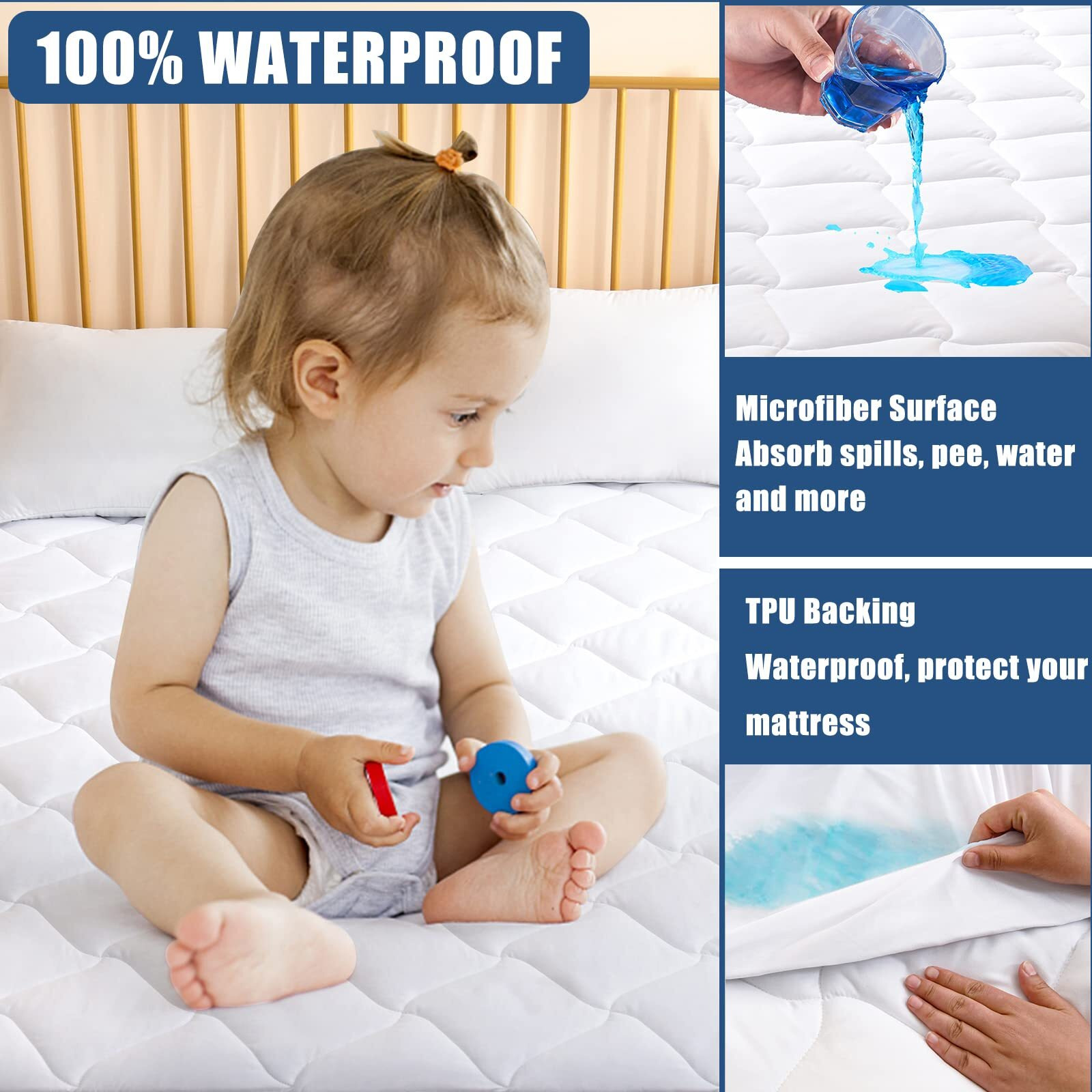 Queen Size Quilted Fitted Mattress Pad  Waterproof Breathable Cooling Mattress Protector  Stretches Up To 21 Inches Deep Pocket Hollow Cotton Alternative Filling Noiseless Mattress Cover