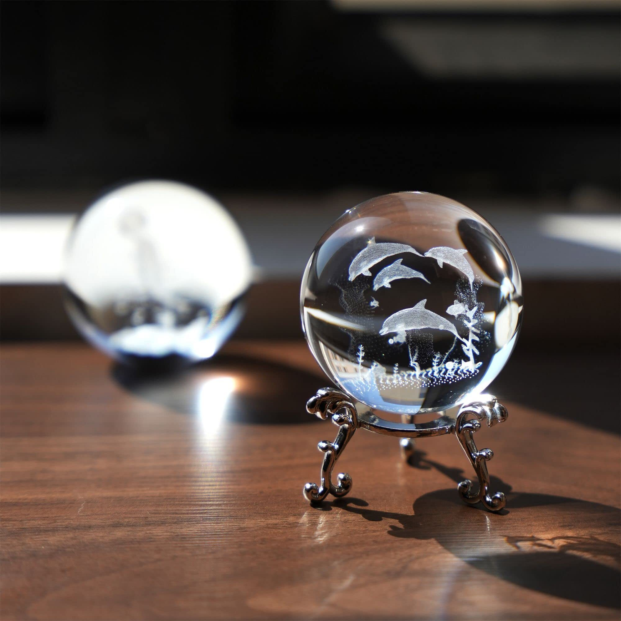 Hdcrystalgifts 3D Engraved Crystal Ball With Stand 60Mm Dolphin Paperweight Glass Sphere Decorative Balls(Clear)