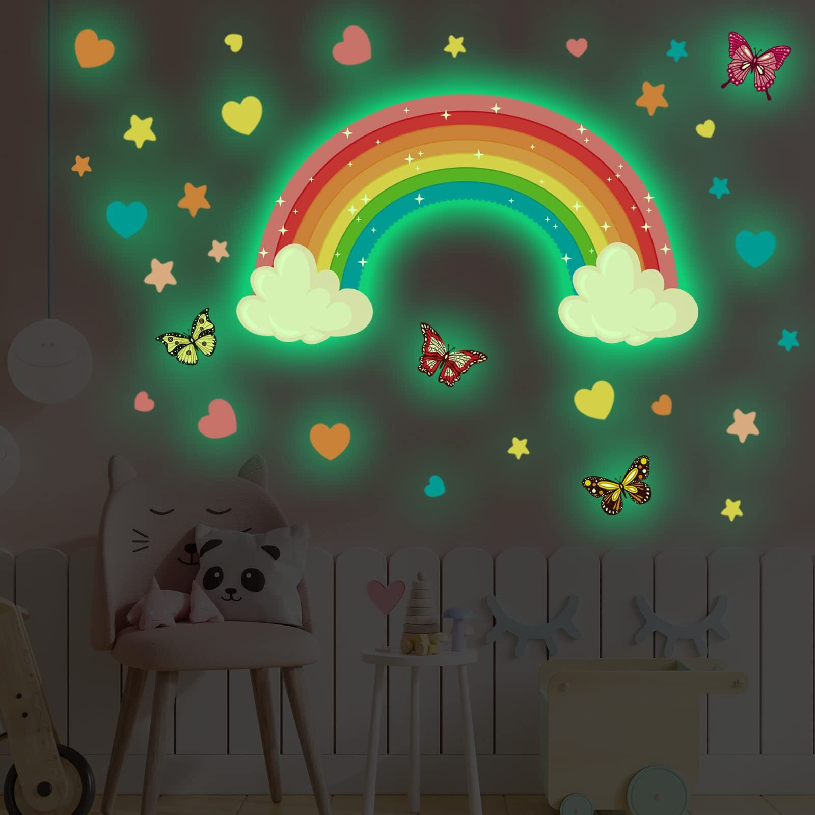 Glow In The Dark Large Rainbow Wall Decals Removable Star Butterfly Heart Wall Sticker Glowing Rainbow Wallpaper Watercolor Vinyl Rainbow Wall Sticker For Nursery Baby Kid Girl Teen Bedroom Decoration