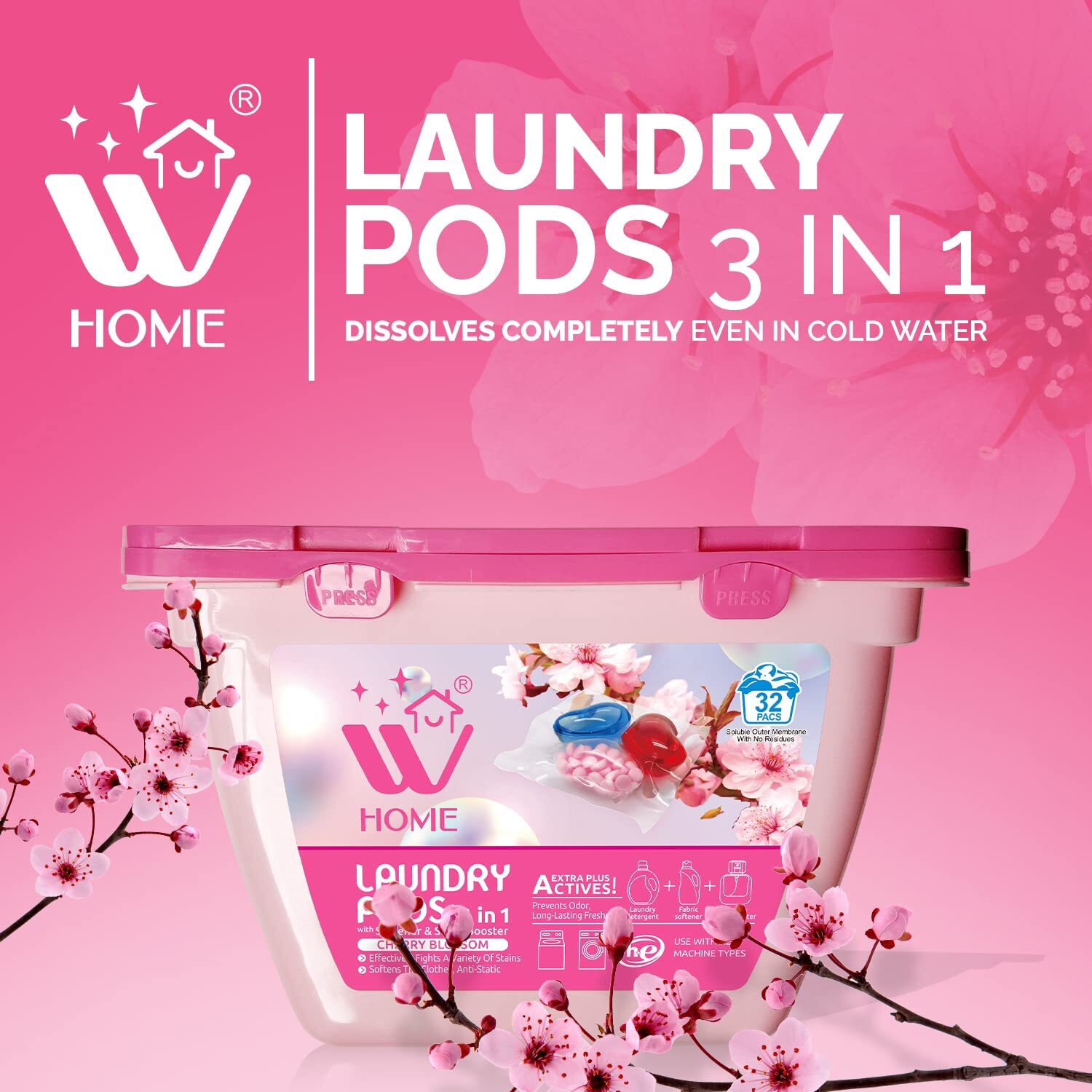 3-In-1 Laundry Pods  Total 64 Count  High Efficiency (He)  Ultra Concentrate With Powerful Stain Lifter Technology  Fabric Softener With Cheery Blossom Scent  Detergent Pods  32 Count/Each (Pack Of 2)
