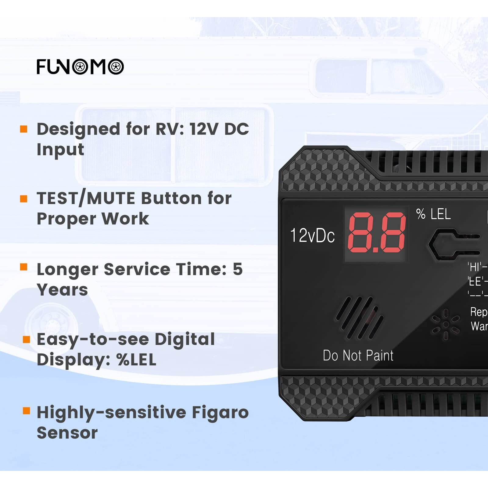 Funomo Rv Propane Gas Detector  85Db Loud Alarm Dc 12V  Mini Compact Design Rv Propane Alarm For Trailer  Camper  Motorhome  Motorcoach (Black)