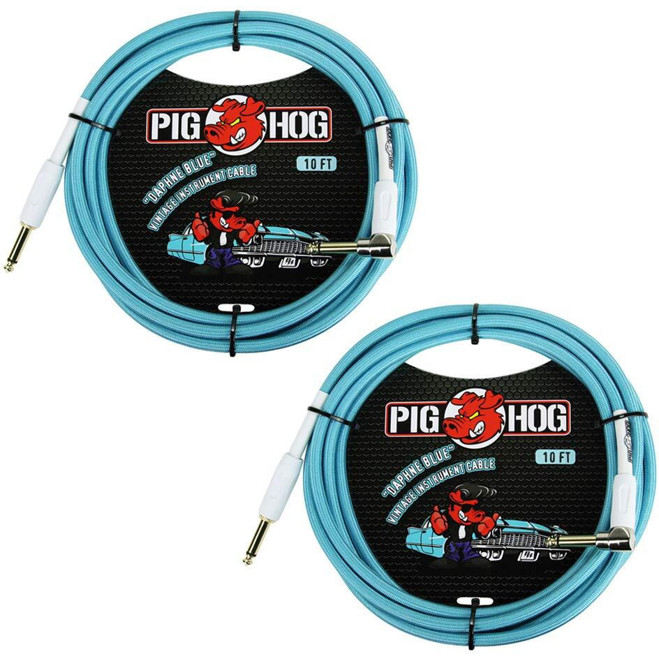 Pig Hog Pch10Dbr 1/4"" To 1/4"" Right-Angle Daphne Blue Guitar Instrument Cable  10 Feet (2-Pack)