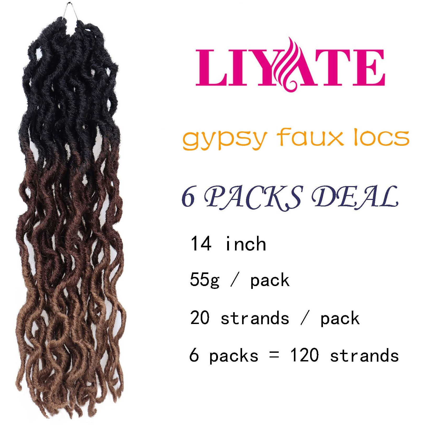 14 Inch Goddess Faux Locs Crochet Hair 6 Packs/Lot Soft Gypsy Locs Wavy Crochet Braids Dreadlocks 3 Tone Curly Wavy Twist Braiding Hair Extensions African Roots Braid(1B/30/27)