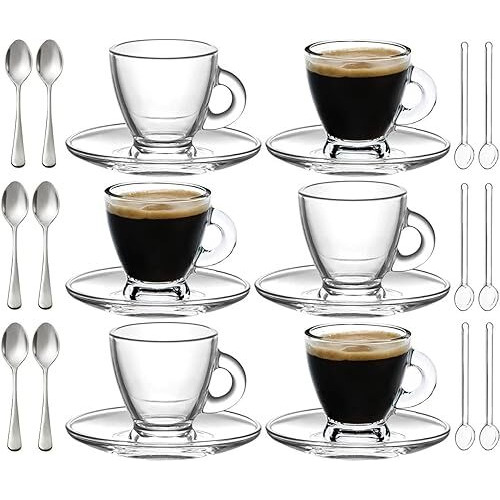 Bohem's Espresso Cups  3.2 Oz Small Demitasse Clear Glass Espresso Drinkware  Set Of Cups  Saucers And Stainless Steel Mini Spoons + Free Glass Spoons (Set Of 6)