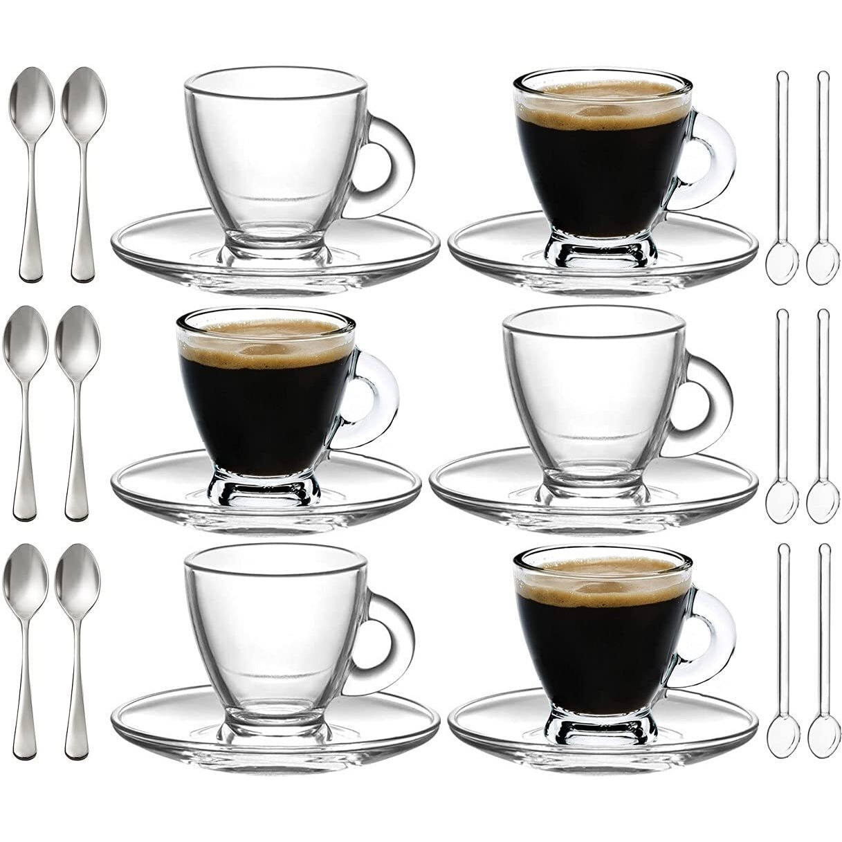 Bohem's Espresso Cups  3.2 Oz Small Demitasse Clear Glass Espresso Drinkware  Set Of Cups  Saucers And Stainless Steel Mini Spoons + Free Glass Spoons (Set Of 6)