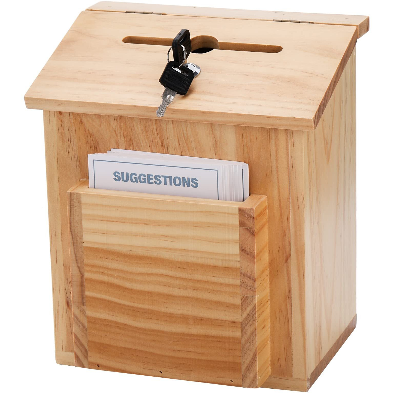 Zenfun Wooden Suggestion Box With 50 Free Suggestion Cards  Natural Pinewood Ballot Comment Box Donation Box With Locking Hinged Lid For Countertop Or Wall Mounted  8.7'' X 5.8"" X 9.8""