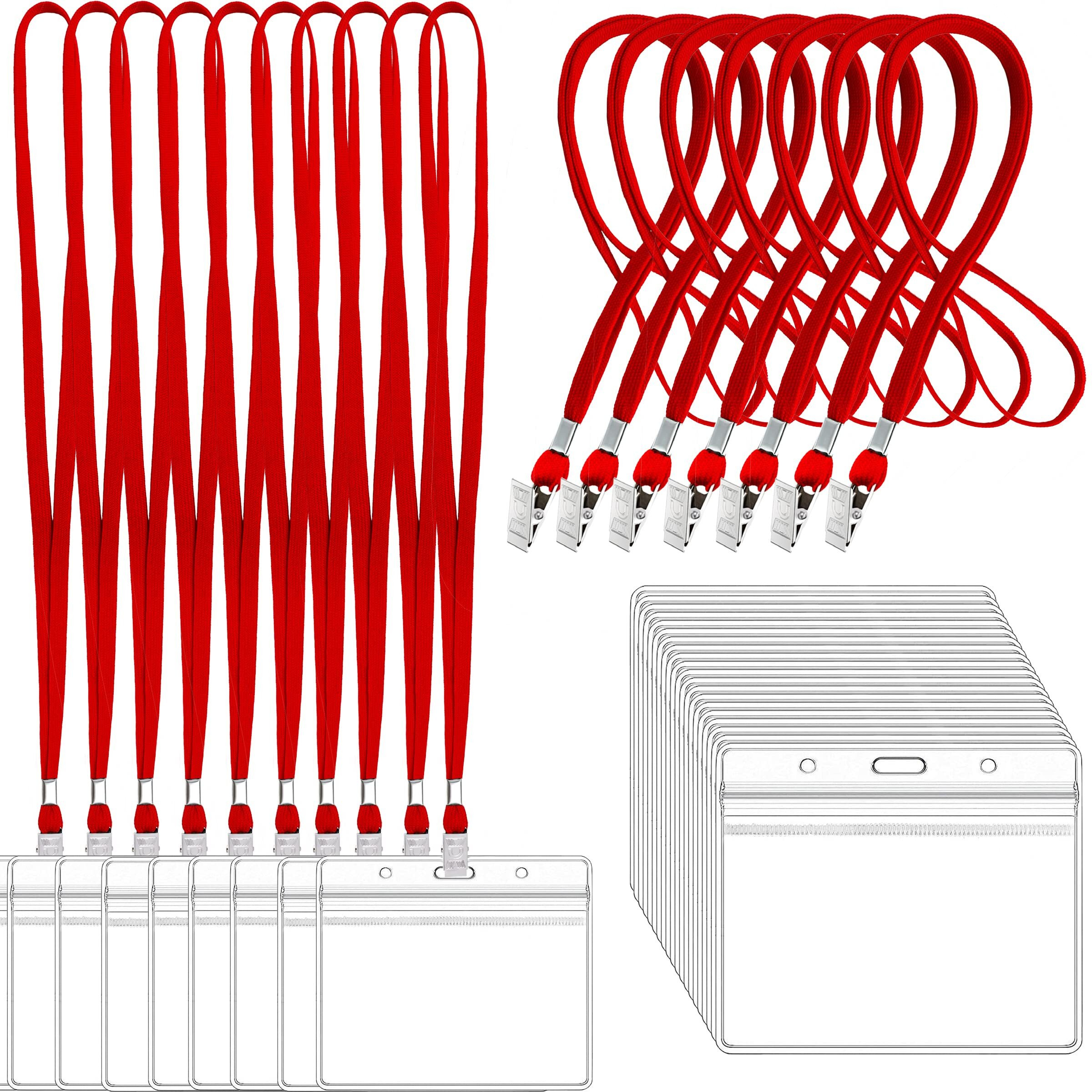 100Pcs Clear Plastic Horizontal Name Tags Badge Id Card Holders And 100Pcs Black Lanyards With Clip (Red)