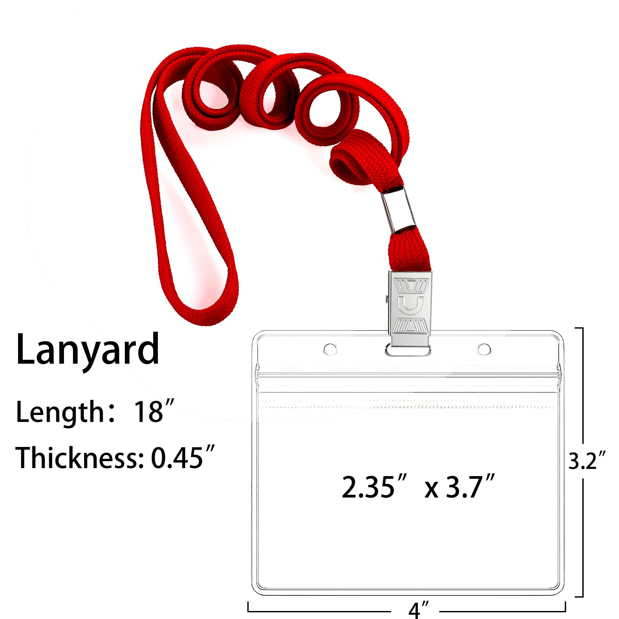 100Pcs Clear Plastic Horizontal Name Tags Badge Id Card Holders And 100Pcs Black Lanyards With Clip (Red)