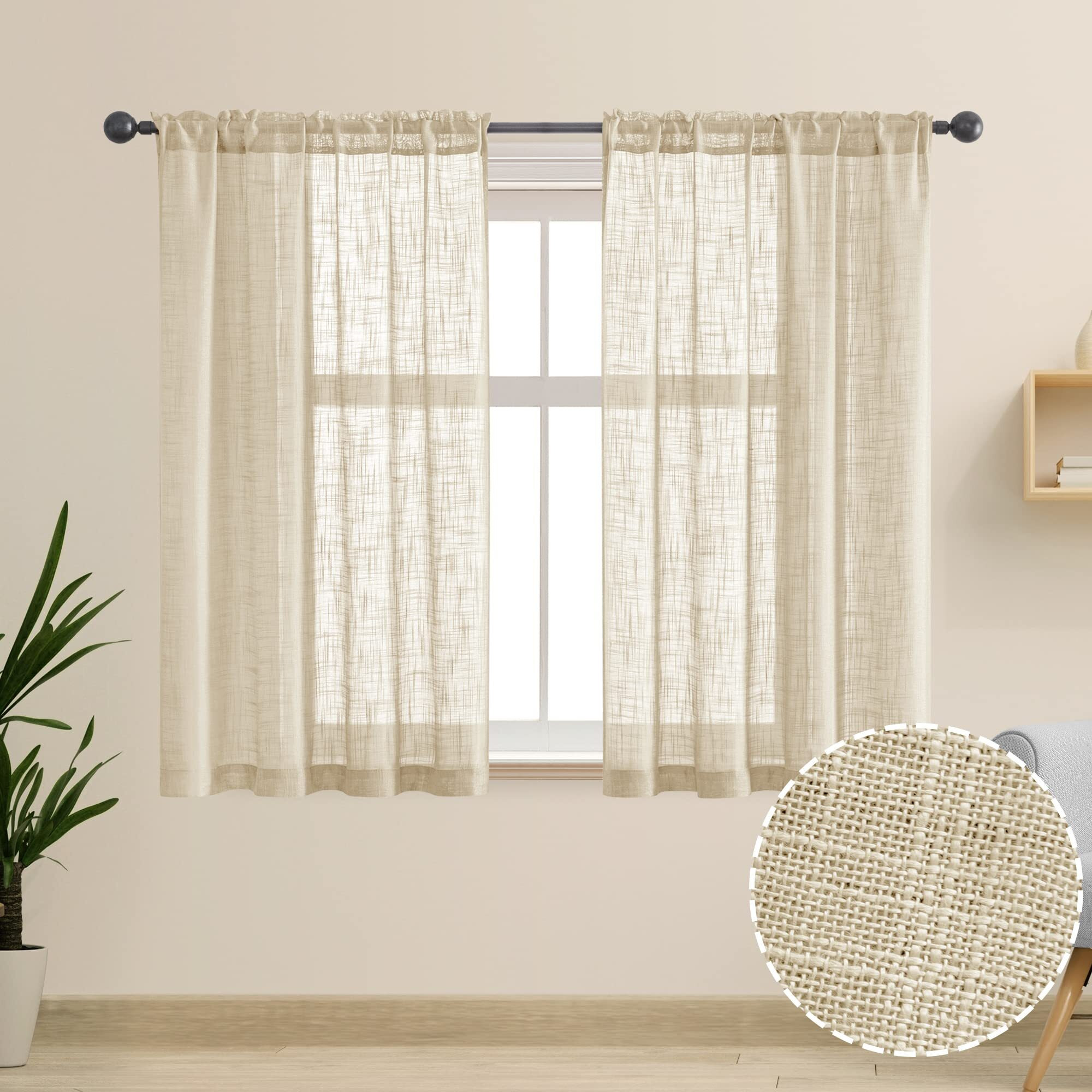 Shineland Linen Curtains For Bedroom 48 Inch Length 2 Panels Semi Sheer Light Filtering Rod Pocket Short Sheer Curtain For Kitchen Bathroom 36 X 48 Inches Long Tan Beige