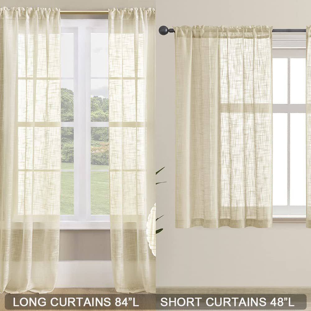 Shineland Linen Curtains For Bedroom 48 Inch Length 2 Panels Semi Sheer Light Filtering Rod Pocket Short Sheer Curtain For Kitchen Bathroom 36 X 48 Inches Long Tan Beige