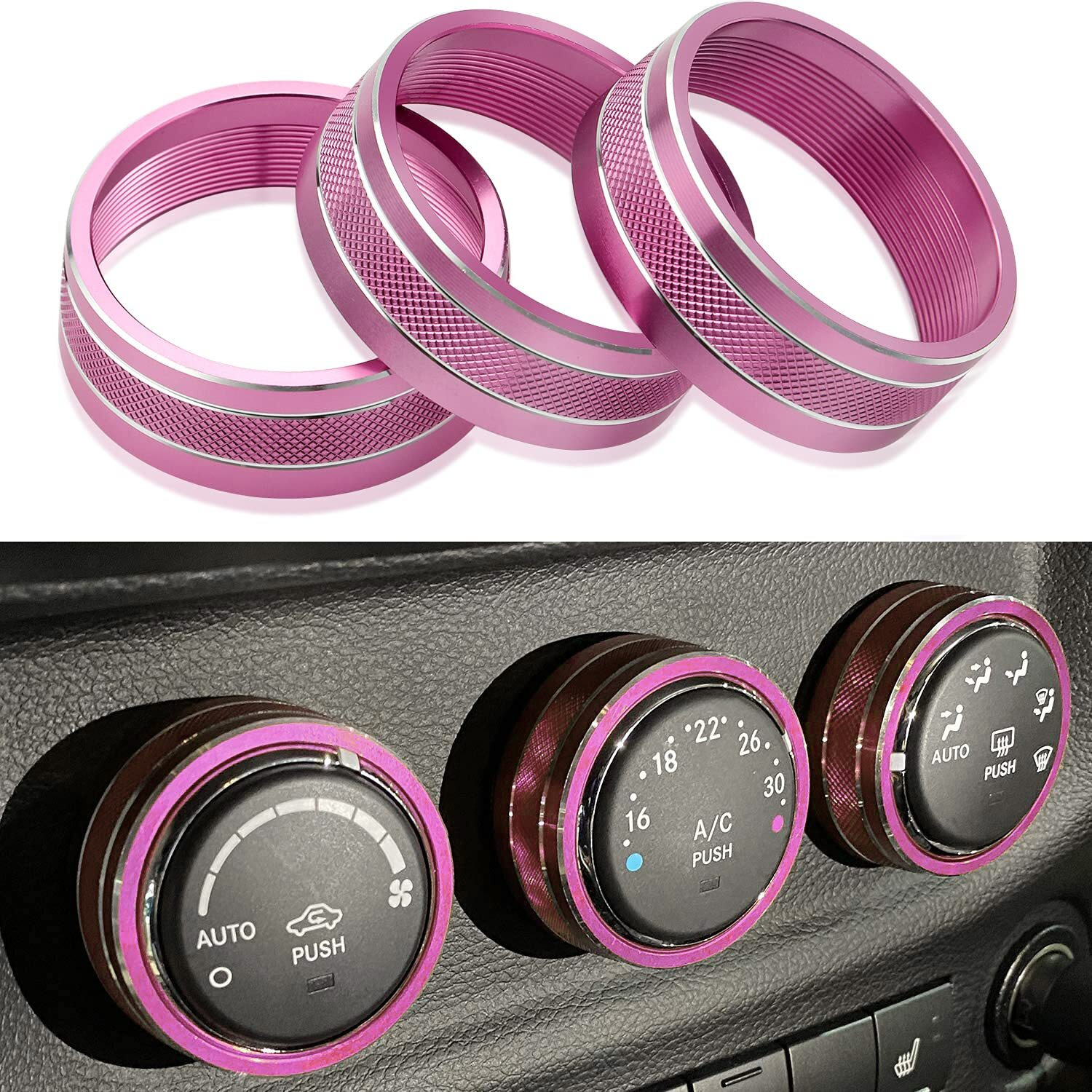 Ac Climate Control Knob Ring Air Conditioner Switch Volume Cover Compatible With 2011-2017 Jeep Wrangler Jk Jku/Dodge Challenger 2008-2014 Interior Conditioning Accessories Trim (3Pcs/Set  Pink)