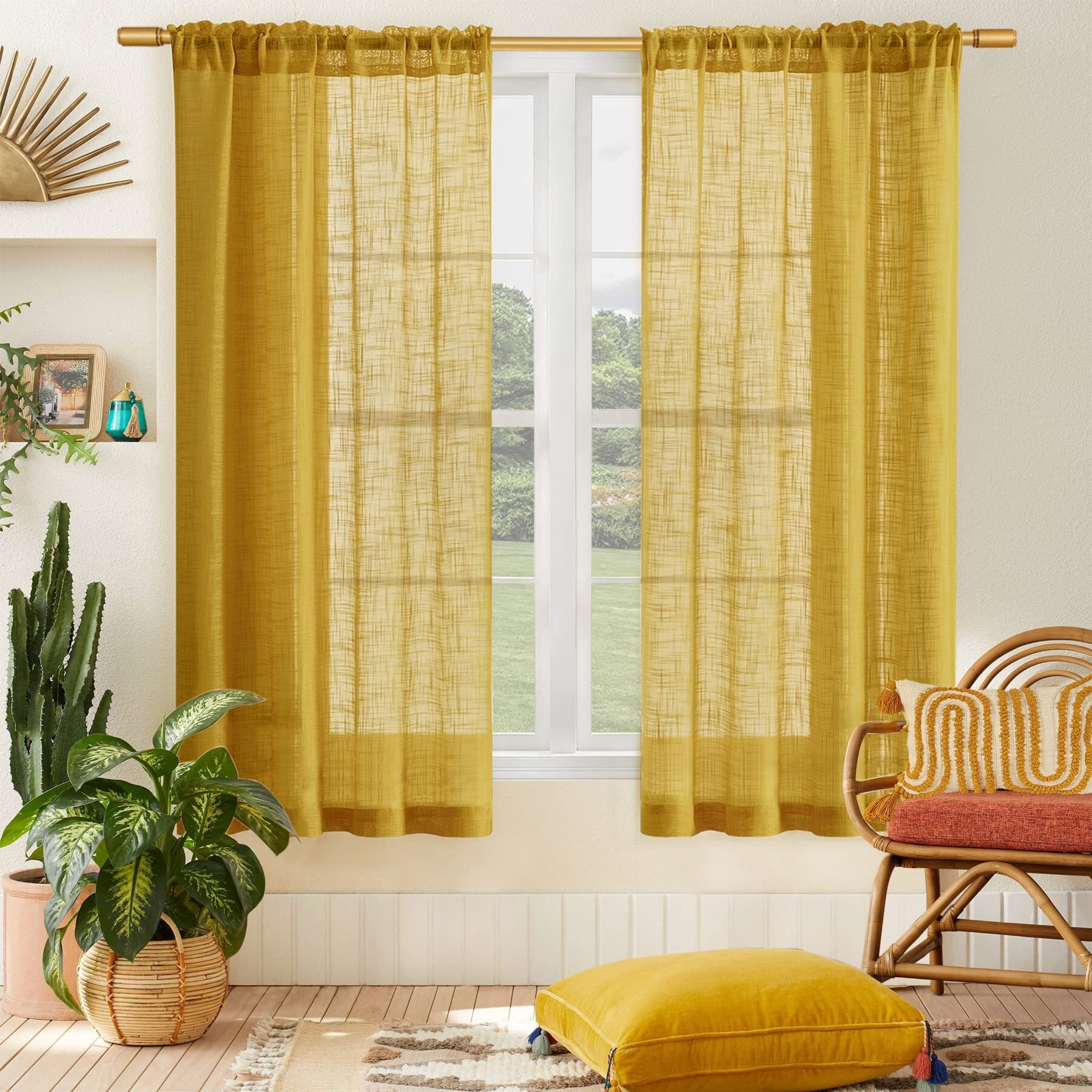 Shineland Yellow Sheer Curtains 63 Inch Length 2 Panels Boho Semi Privacy Light Filtering Drapes For Living Room Faux Linen Window Curtins/Bedroom 63 Inches Long Mustard Gold