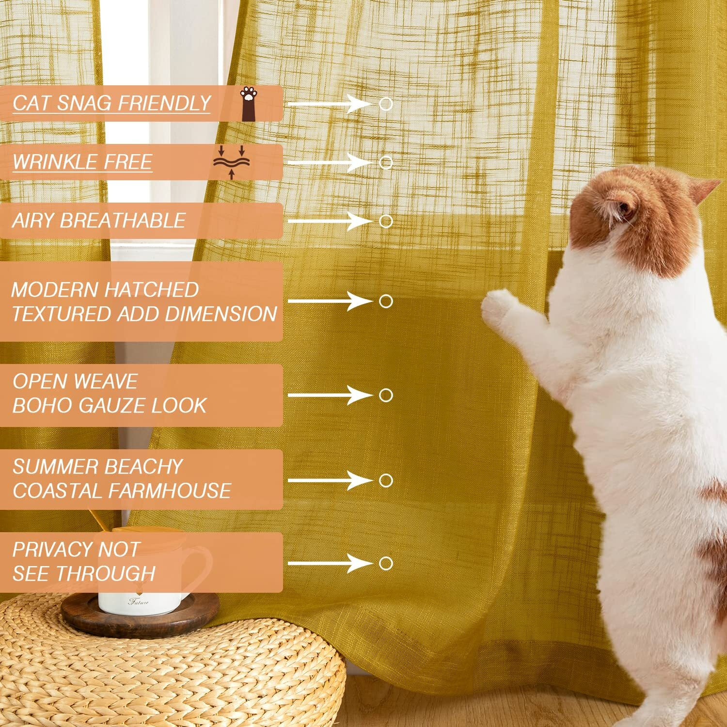 Shineland Yellow Sheer Curtains 63 Inch Length 2 Panels Boho Semi Privacy Light Filtering Drapes For Living Room Faux Linen Window Curtins/Bedroom 63 Inches Long Mustard Gold