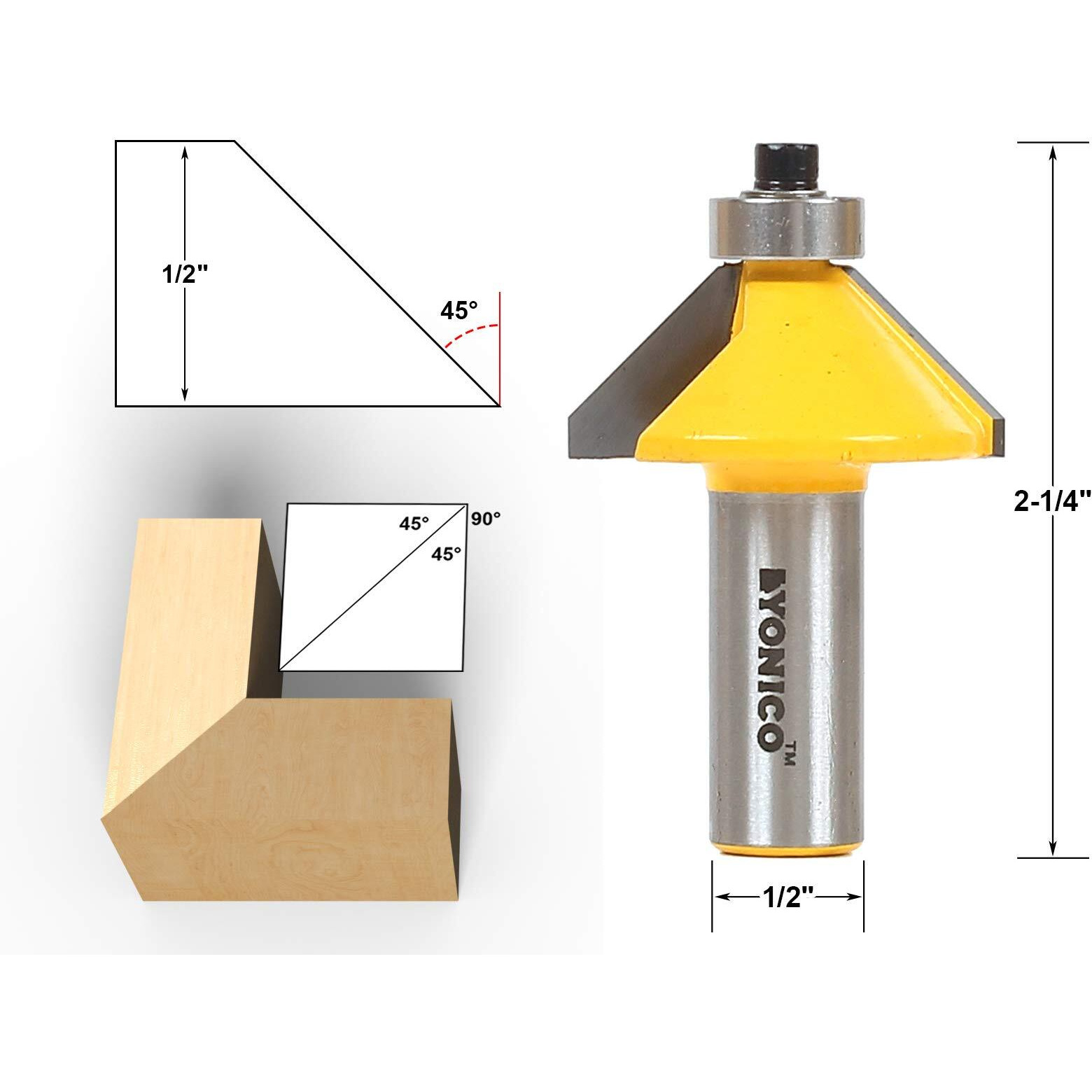 Yonico Chamfer Router Bits Edge Forming 45 Degree 1/2-Inch Shank 13906