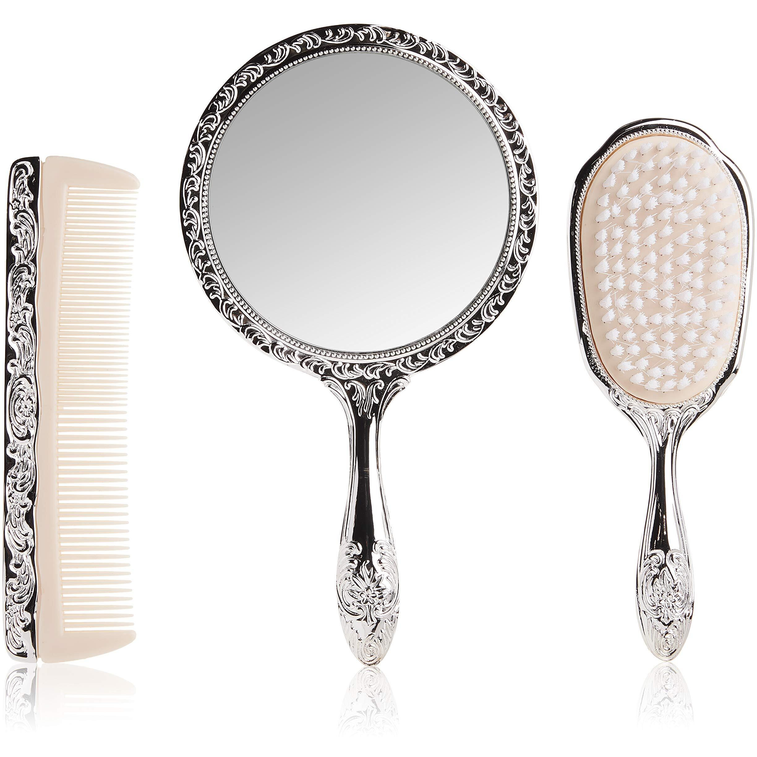 3 Pc Silver Chrome Girls Vanity Set Comb Brush Mirror.