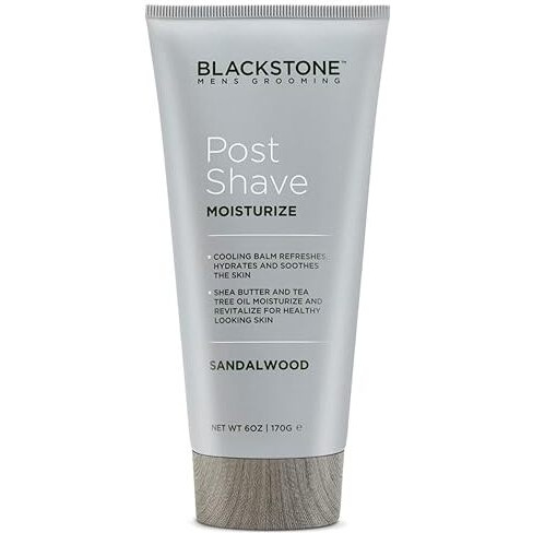 Blackstone Men's Grooming Post Shave Moisturizer With Tea Tree Oil  Shea Butter  Vitamin E  & Aloe | Soothing Cooling Balm | Cruelty & Paraben Free | Made In Usa | Sandalwood (6 Oz)