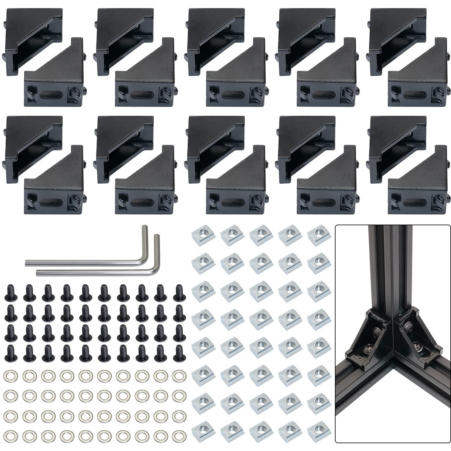 Cheemuii 2020 Corner Bracket Kit 20Pcs Corner Brackets 40Pcs Hex Screws 40Pcs Slide Nuts 40Pcs Washers And 2Pcs Hex Wrenchs For Slot 6Mm 20S Aluminum Extrusion Profile Rail Accessories 20Sets