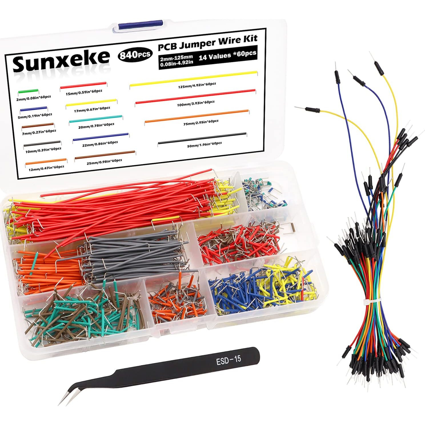 Sunxeke 840Pcs 14 Values Breadboard Jumper Wire Kit Pcb Assortment Circuit Board With 65 Pcs 4 Values Flexible Breadboard Jumper Wires Tweezers & Plastic Box