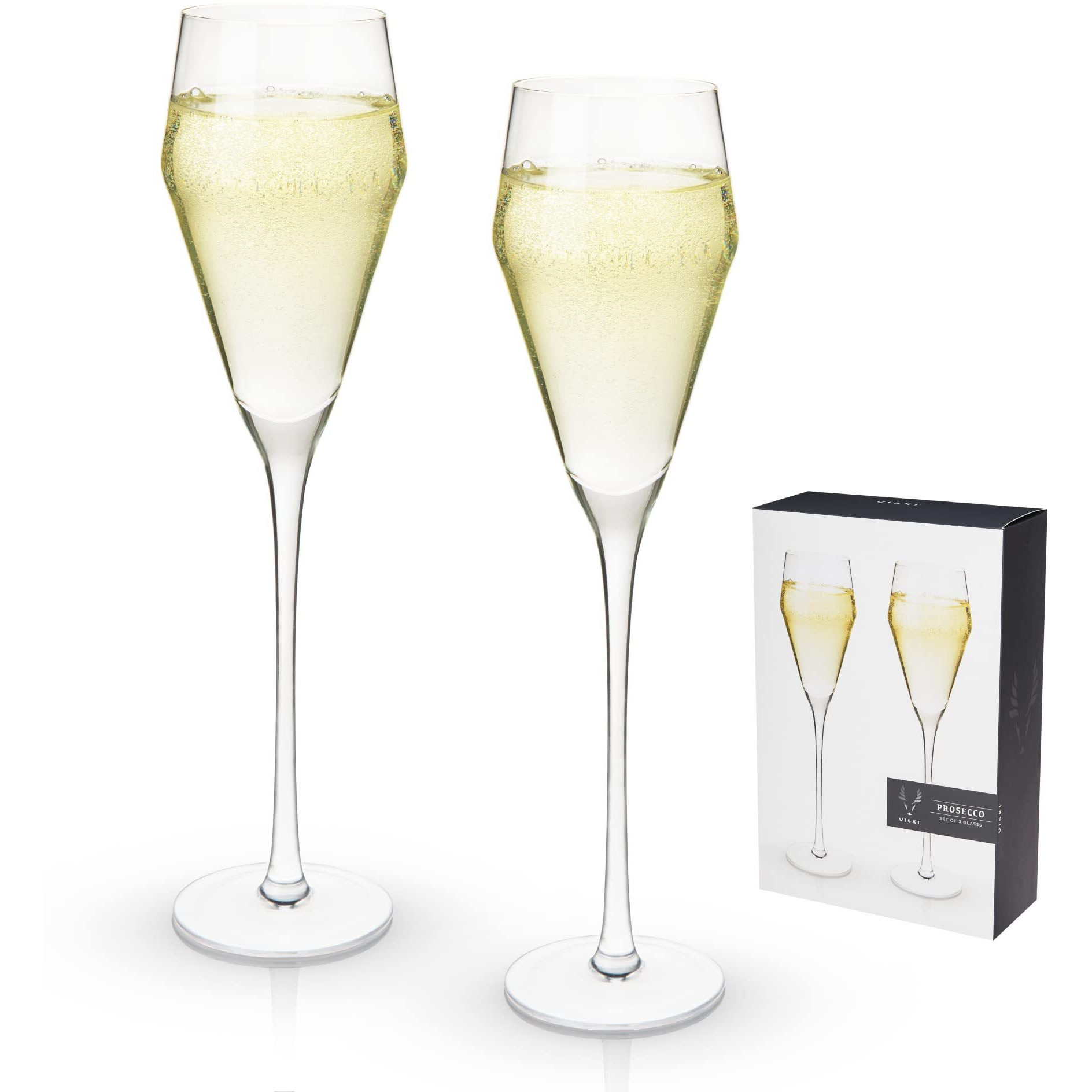 Viski Raye Angled Crystal Prosecco Glasses Set Of 2  No-Lead Premium Crystal Clear Glass  Modern Stemmed  Prosecco Glass Gift Set  8Oz