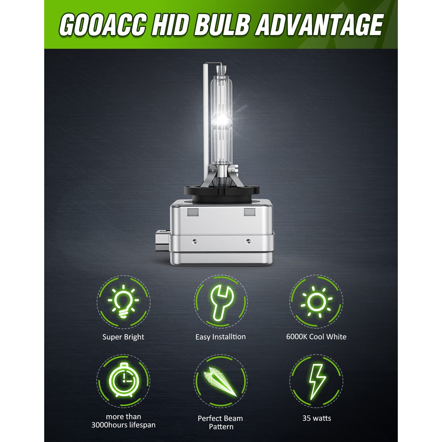 Gooacc D3S Hid Headlight Bulbs 6000K Diamond White High Low Beam Xenon Replacement Bulbs-2Pcs