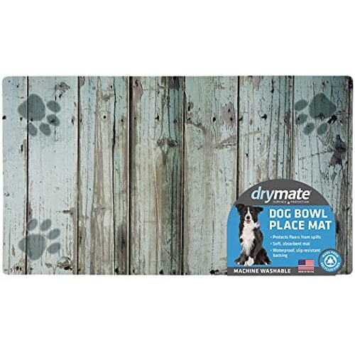 Drymate Pet Bowl Placemat  Dog & Cat Food Feeding Mat - Absorbent Fabric  Waterproof Backing  Slip-Resistant - Machine Washable/Durable (Usa Made) (16 X 28) (Distressed Wood Green)