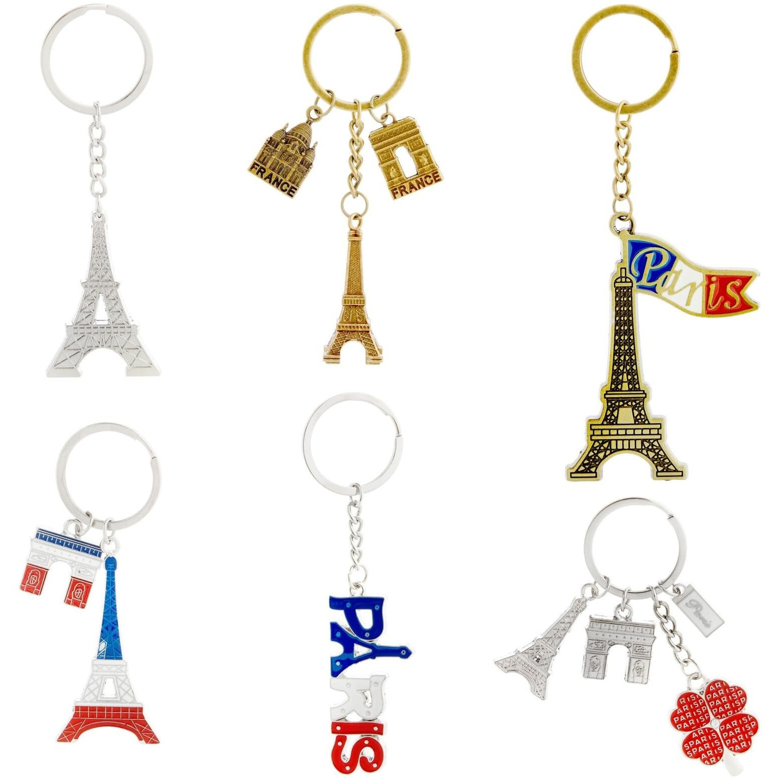 Juvale 6 Pack Paris Keychain  France Souvenir Gift  Eiffel Tower  French Flag  And Arc De Triomphe Metal Key Rings
