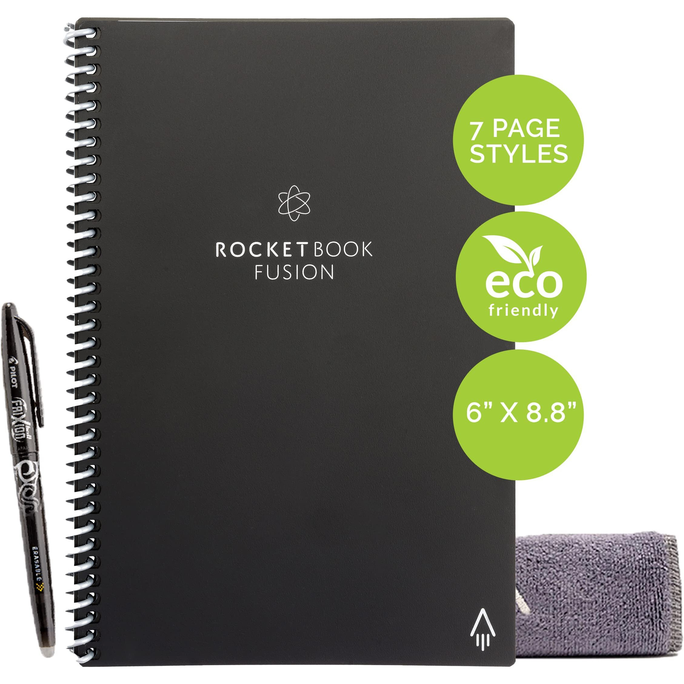 Rocketbook Fusion Smart Reusable Notebook - Calendar  To-Do Lists  And Note Template Pages With 1 Pilot Frixion Pen And 1 Microfiber Cloth Included - Infinity Black  Executive Size (6"" X 8.8"")