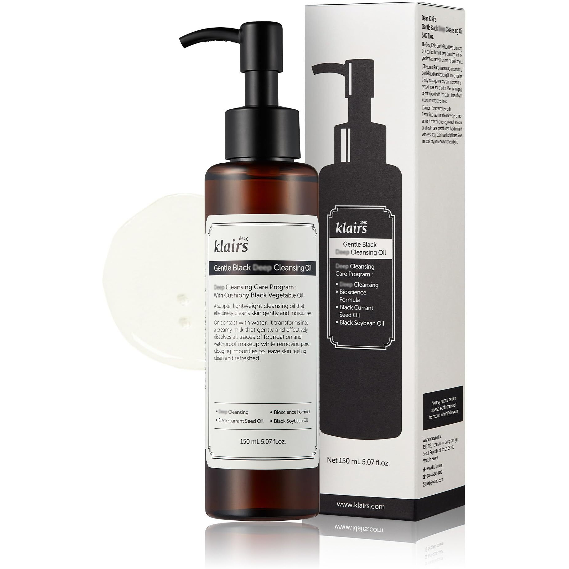 [Dearklairs] Gentle Black Cleansing Oil 5.07 Oz | Composed Of Natural Vegan. Bean  Sesame  Black Currant Seed Oil For Gentle  Non-Irritating Cleanser For Sensitive Skin