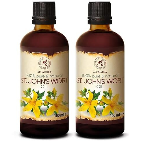 Aromatika St Johns Wort Oil 6.8 Oz (2 * 100Ml) - Hypericum Perforatum - Carrier Oil For Essential Oils - Oil For Skin - Hair Oil - Body Oil - Face Oil - Bath Oil