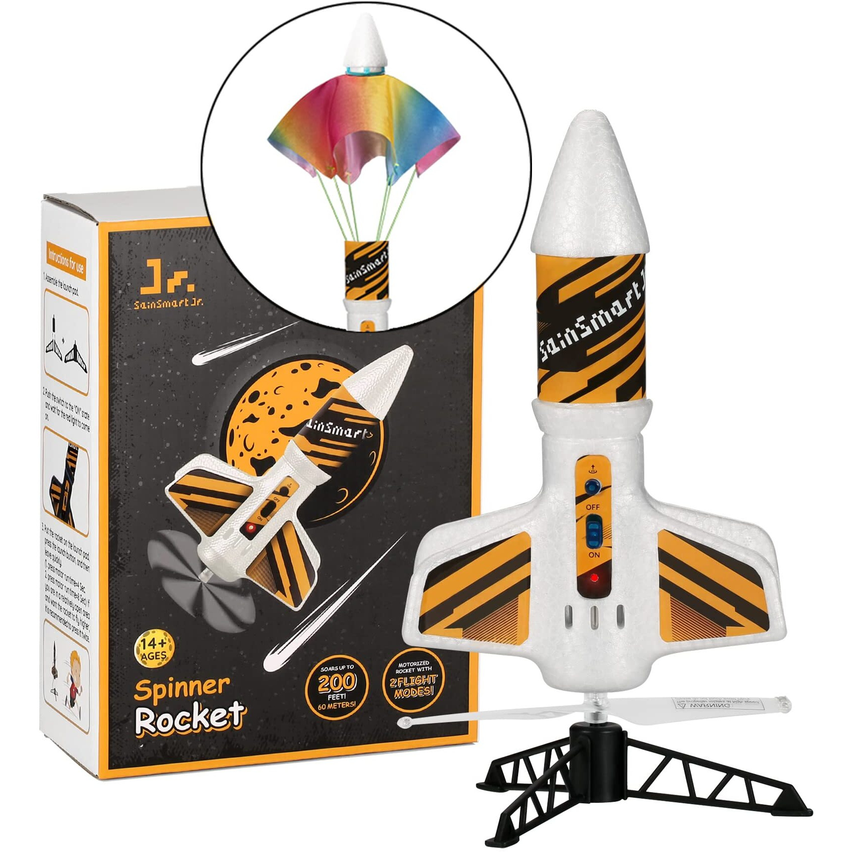 Sainsmart Jr. Rocket Launcher For Kids - Motorized Air Rocket Launch Up To 200 Ft  Safely Land With Parachute  Self-Launching Outdoor Toy  White