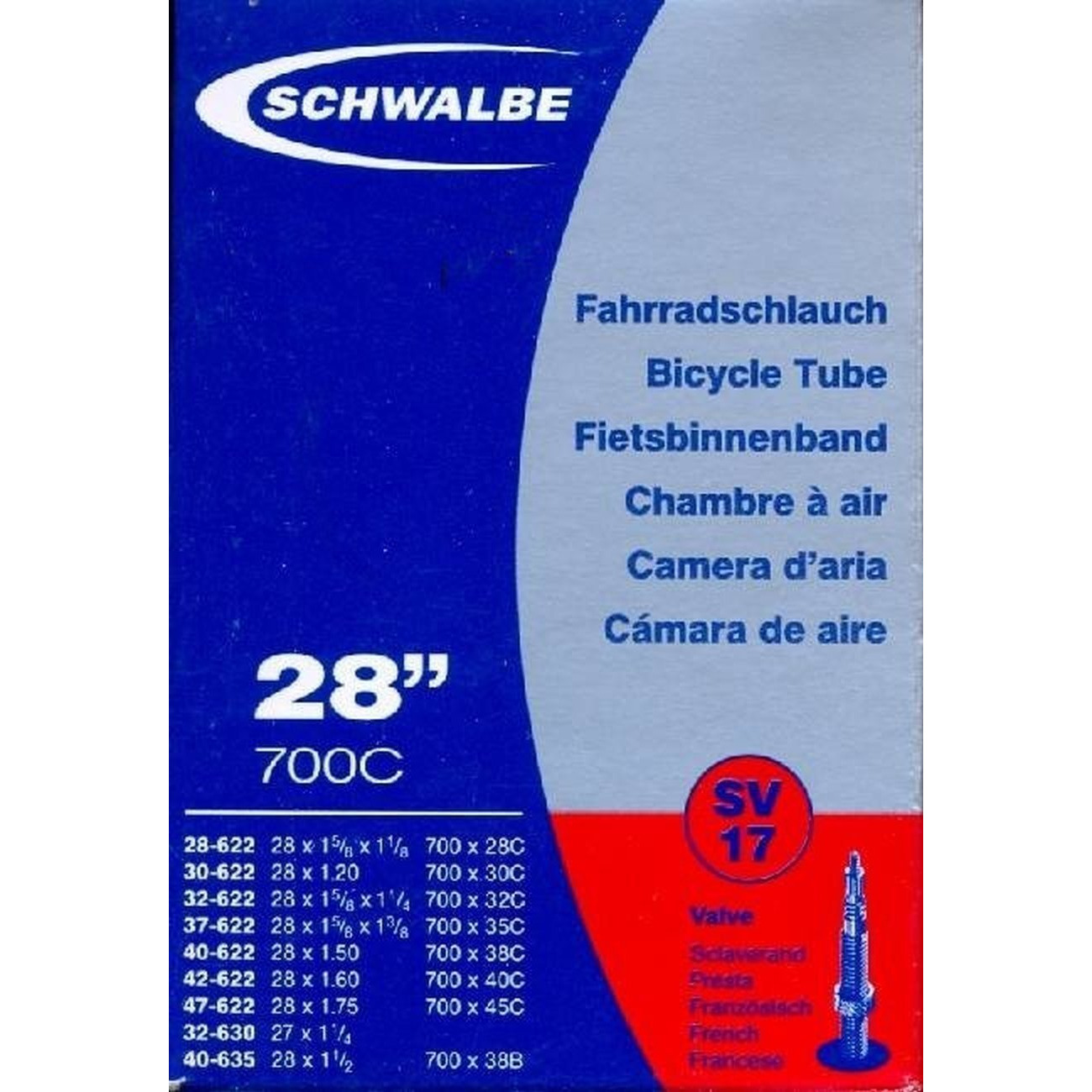 Schwalbe Sv17 Bicycle Tube With Presta Valve 37-622 Mm 28 X 1 3/8 X 1 5/8  28 X 1.40 700C