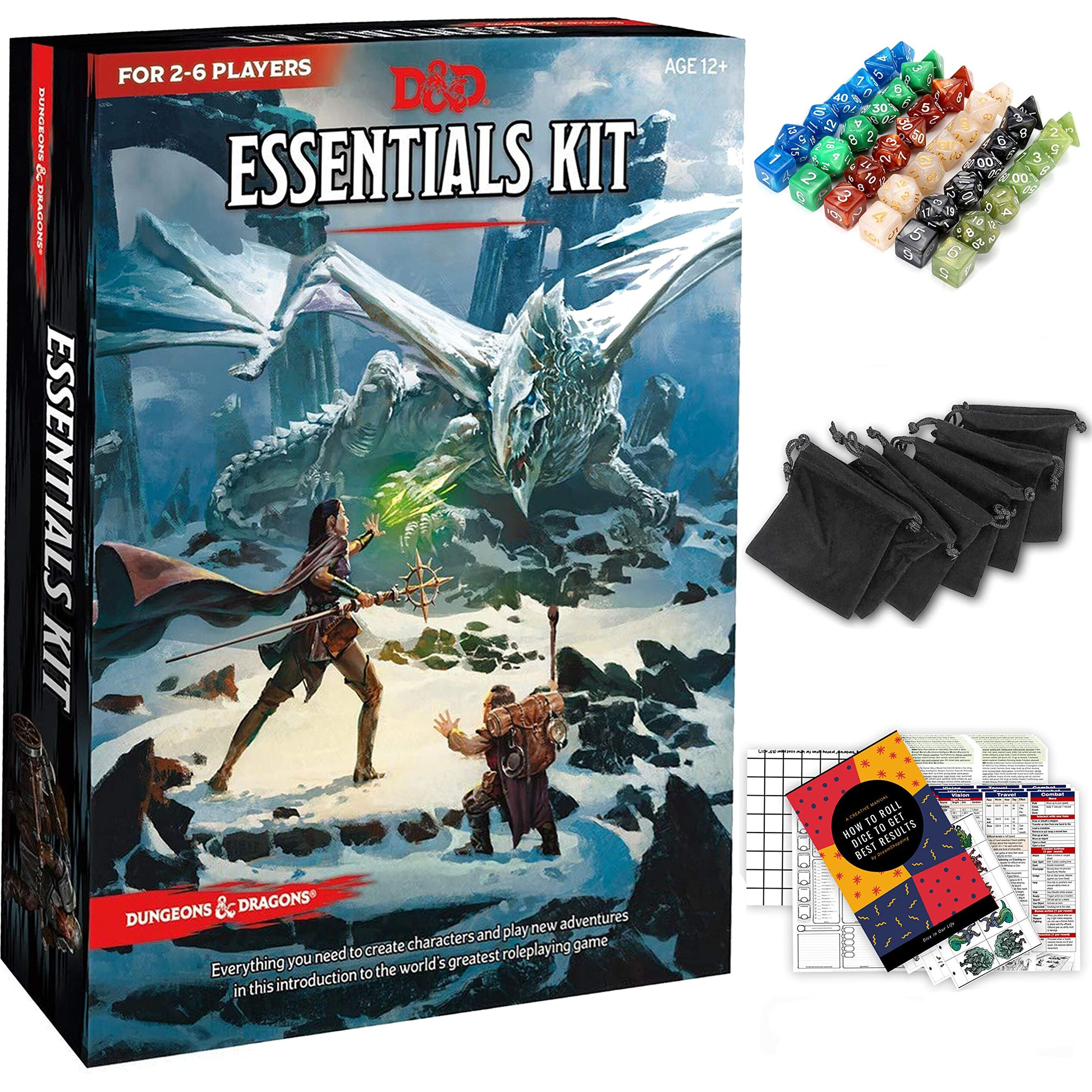 Dungeons And Dragons Essentials Kit - Starter Set & Extra 6 Dice Sets  Flannel Bags  Master Screen  Figures  New Heroes  Dice Guide  Statistic Sheets - Dnd 5Th Edition Rolling Board Game For Friends