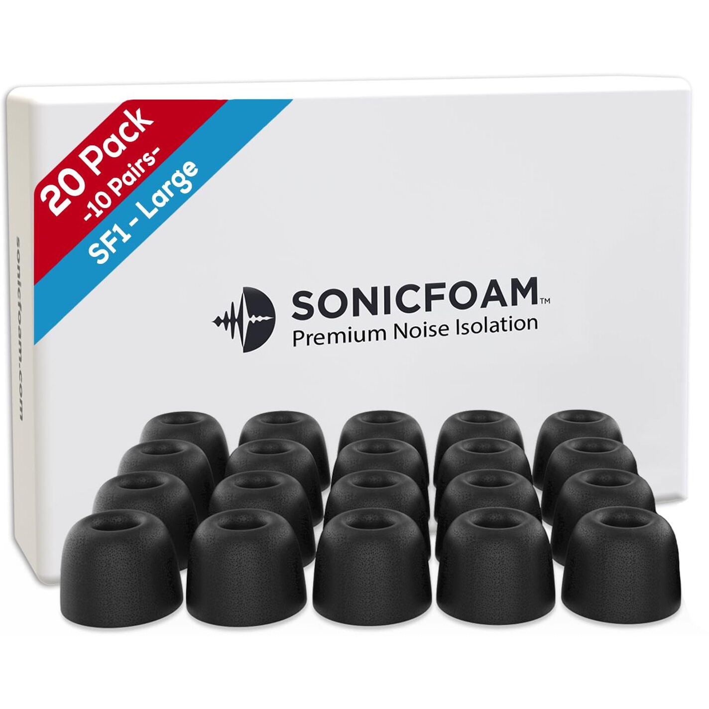 Sonicfoam Memory Foam Earbud Tips - Premium Noise Isolation  Replacement Foam Earphone Tips  20 Pack For In Ear Headphone Earbuds (Sf1 Large  Black)