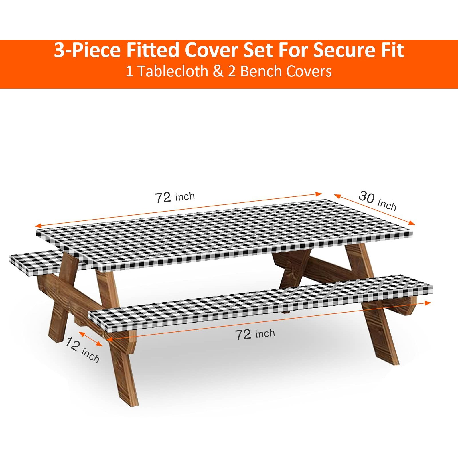 Kenobee Picnic Table And Bench Fitted Tablecloth Cover  3-Piece Set  Flannel Backing Elastic Edge Waterproof Wipeable Plastic Cover Vinyl Tablecloth For Home Goods Indoor Outdoor Patio  Black-White