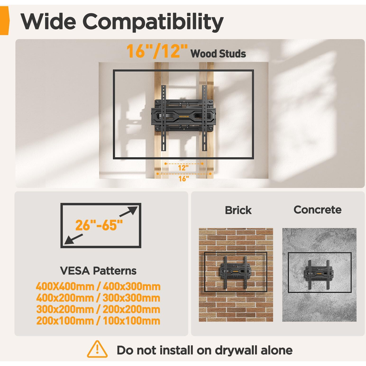 Perlegear Full Motion Tv Wall Mount For 26-65 Inch Tvs  Tv Bracket Supports Swivel Articulating Level Extension Tilt Arms  Max Vesa 400X400Mm Up To 99Lbs  16 "" Wood Studs  Pgmfk4